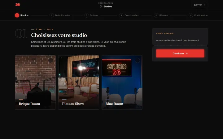 Première étape du parcours de réservation : choix du studio