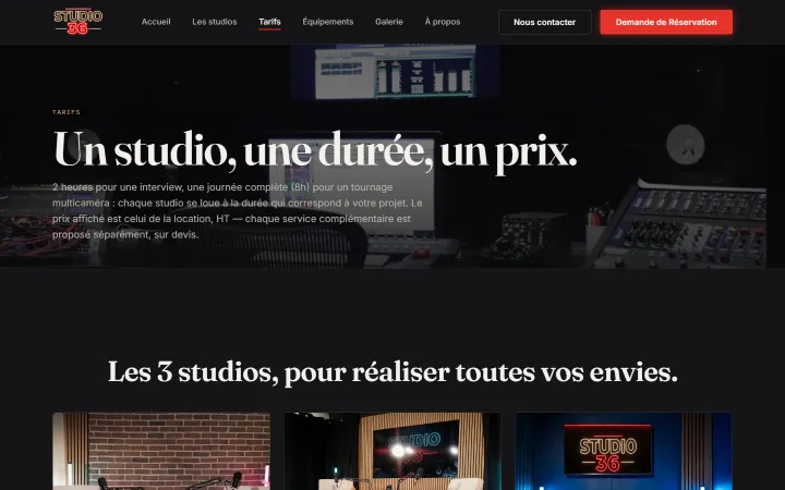 Page des tarifs de Studio 36